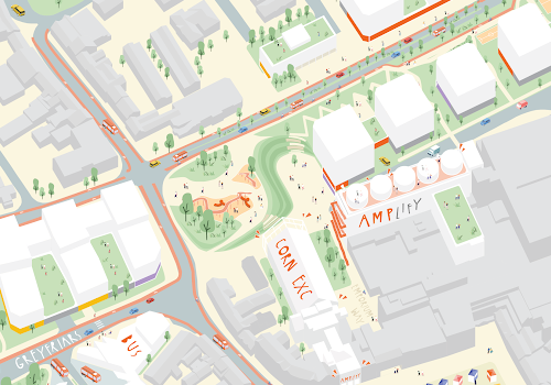 This image: an artist's sketch of how Greyfriars could look. 
						The map: the map shows the existing buildings in the area as three dimensional blocks, 
						with the enhanced and proposed buildings within the site boundary highlighted in white. 
						The ground floor of each building in the site is highlighted in a different colour depending
						on its proposed use. There are interactive markers, which show sketches of these uses when clicked on.